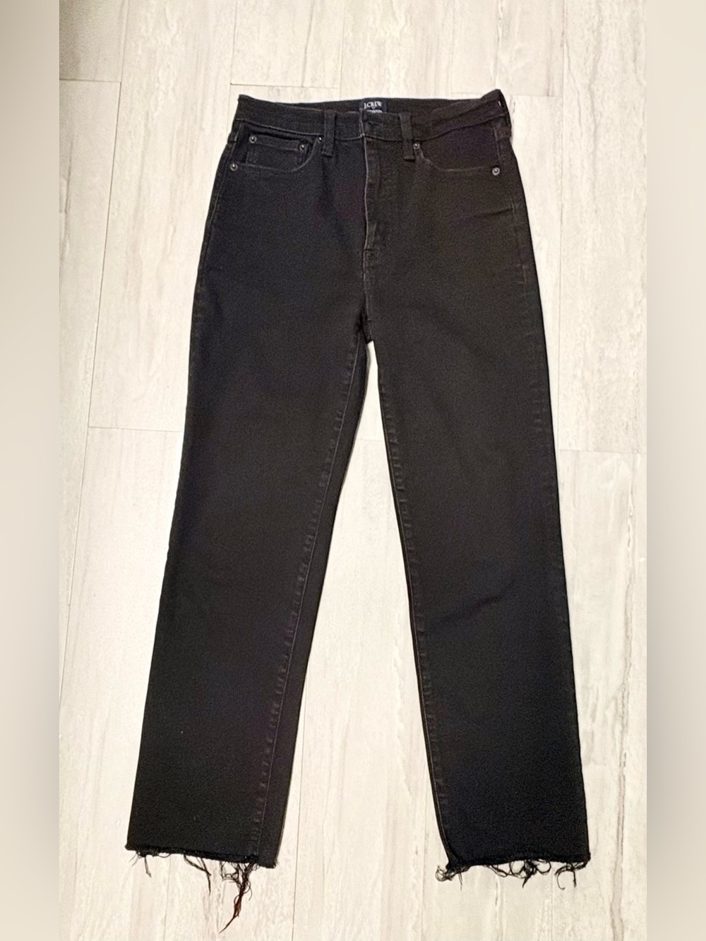 J. Crew Stovepipe Straight Leg Jeans Black Raw Frayed Hem Denim Womens Sz 27